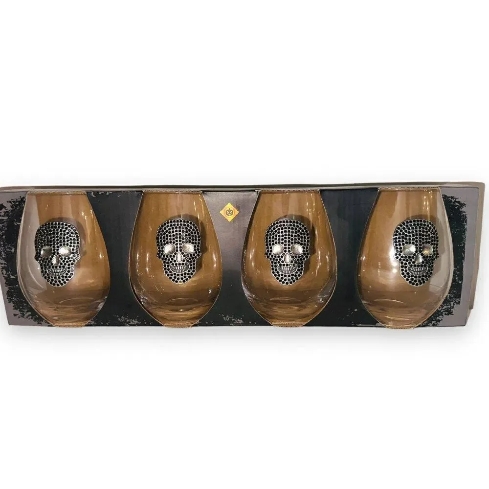 BX1 Spooky Night Halloween Black Rhinestone Skull Stemless Wine Glass Set Gothic